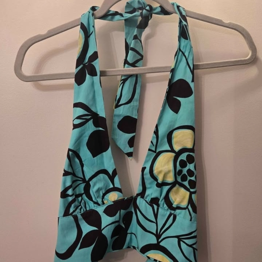 Zara Turquoise and Black Floral Halter Top
